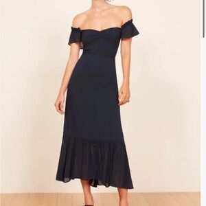 Butterfly Off-Shoulder Navy Midi Dress